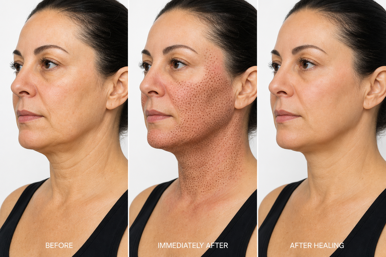 Fibroblast neck: before, immediately after with carbon crusts, and after healing