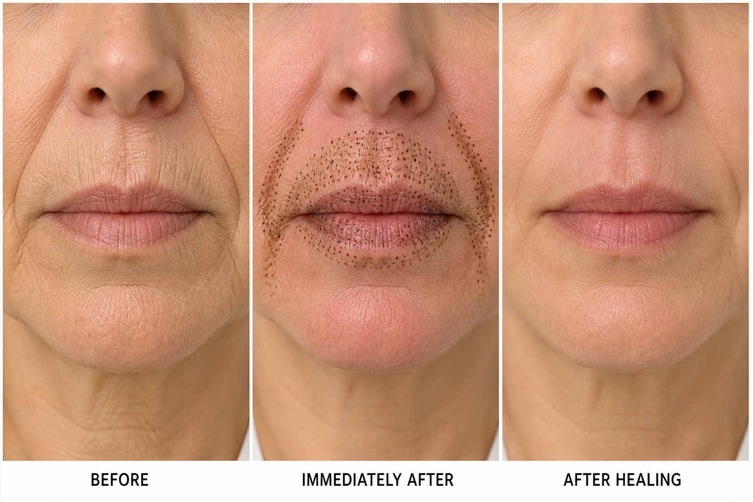 Fibroblast perioral: before, immediately after with carbon crusts, and after healing