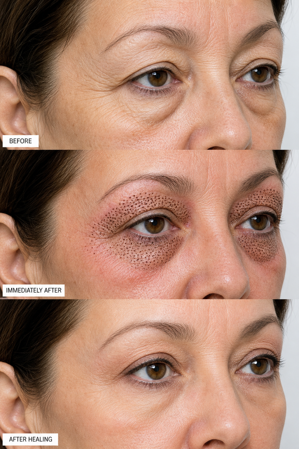 Fibroblast eye rejuvenation before, immediately after with carbon crusts, and after healing