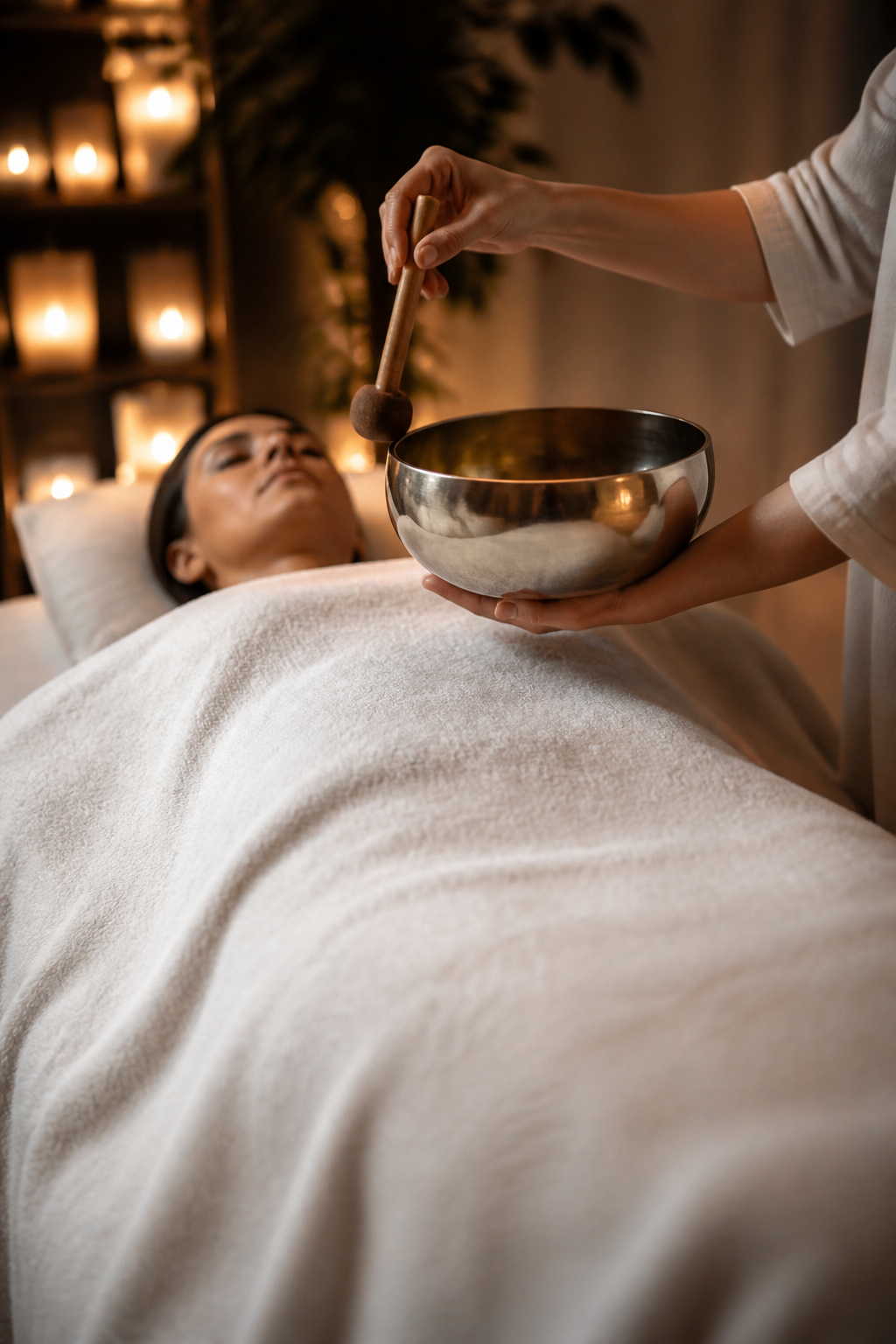 Sound healing with metal singing bowls over a client draped in a spa sheet